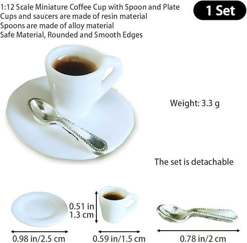 1:12 Scale Miniature Coffee Cup with Spoon and Plate – 1 Set Dollhouse Scene Accessory for DIY Summer Table Setting, Desktop Display, Realistic Resin Mug Prop for Relaxation-Themed Mini Décor
