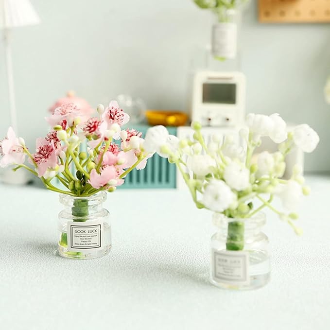 Pink Miniature Jasmine Flower in Vase Set, Dollhouse Décor, 1:6 or 1:8 Scale, Micro Landscape Decoration，Tiny Floral Arrangements for Micro，Dollhouse Flower Vase Set