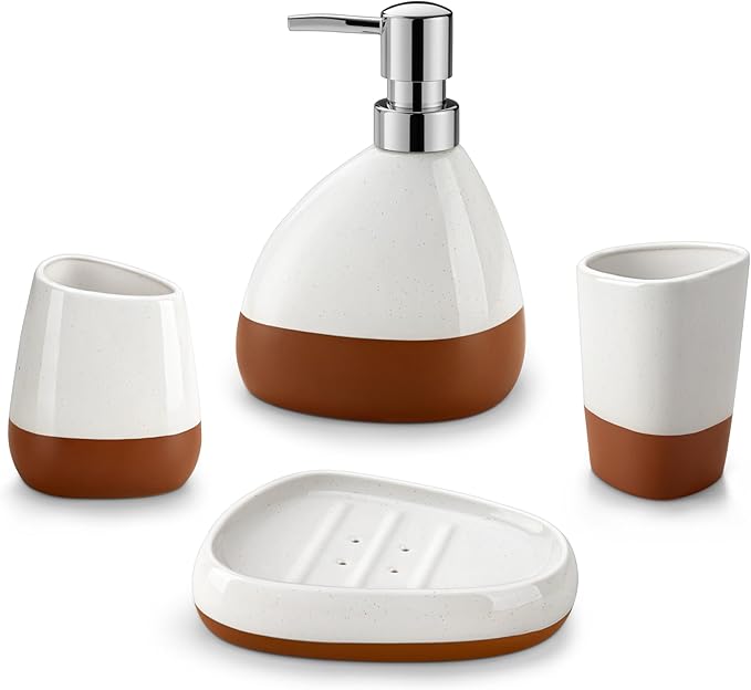 MALACASA Bathroom Accessories Sets 4 Pcs, Cream Soap Dispenser and Farmhouse Toothbrush Holder, Soap Dish with Storage Cup, Durable Ceramic Bathroom Decor for Morden Apartment, Ceram Color