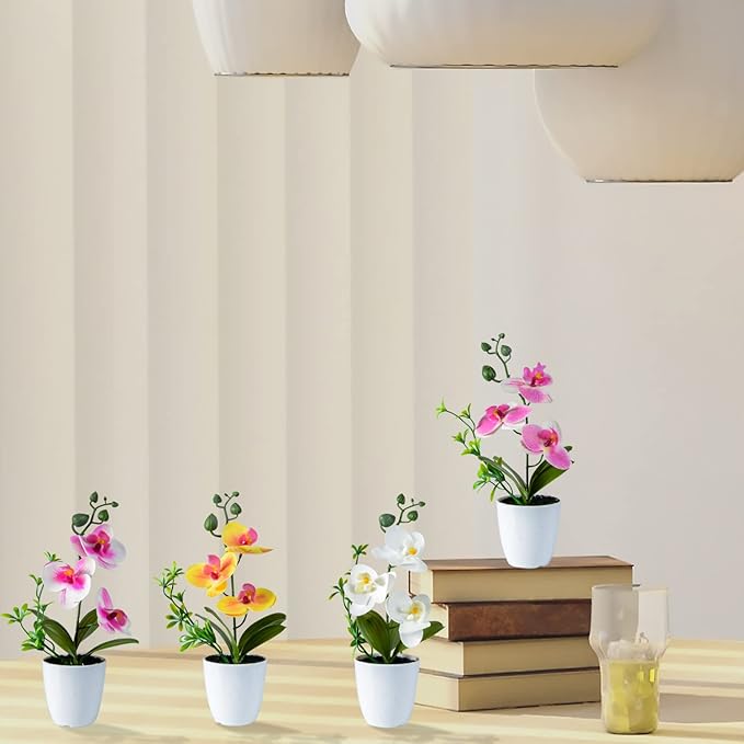 XONOR 4Pcs Artificial Orchid Flowers Mini Potted Orchid Flowers Fake Orchids with Plastic Vase for Home Office Wedding Table Centerpiece Decoration(White,Yellow,Pink,Light Pink)