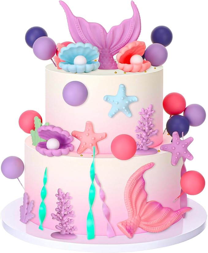 40 Pcs Mermaid Cake Topper - Mermaid Tail Cake Decorations with Seaweed Shells Starfish Coralal Under the Sea Cake Decorations for Birthday Party Decorations