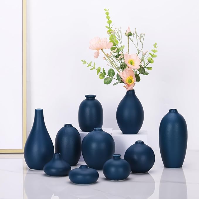 Ceramic Bud Vase Set of 10 - Blue mini Bud Vases in Bulk Dining Table Centerpieces, Cute Bulk Small Flower Vase for Pampas Grass&Single Flower Decor, Ideal Wedding Window Sill Aesthetic Desk Decor
