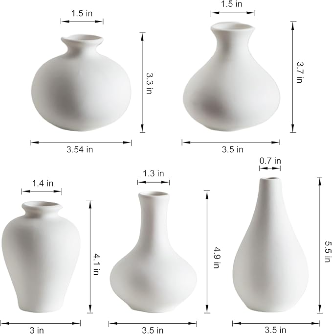Small White Vases, Ceramic Bud Vase Set of 5, Mini Pottery Vases for Pampas Grass, Flowers, Decorative Vases for Home Modern Decor, Rustic Decor, Veses for Living Room Dining Table Shelves