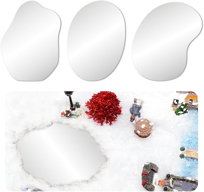 3PCS Glass Skating Pond for Christmas Village, Real Glass Mirror Lake Set for Miniature Winter Scenes, High-Definition Frozen Pond Display for Holiday Village Decorations