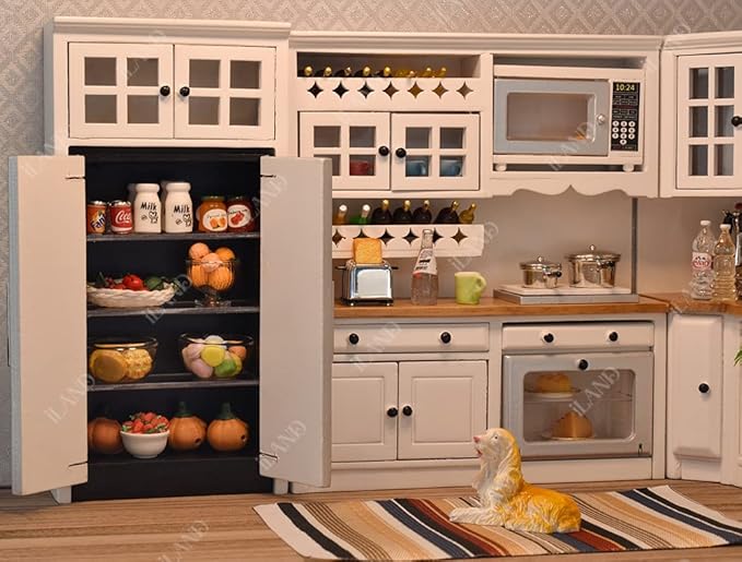 iLAND Dollhouse Kitchen, Modern Dollhouse Furniture Set on 1/12 Scale Wooden White to Store Miniature Food