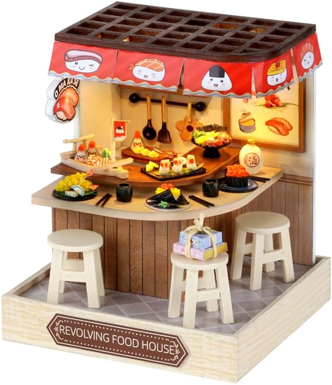 TuKIIE DIY Miniature Dollhouse Kit with Furniture, 1:24 Scale Creative Room Mini Wooden Christmas Doll House Plus Dust Proof for Kids Teens Adults(Revolving Food House)