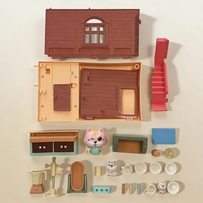 Koko's Cat Town DIY Miniature House Kit,Tiny House Cafes Building Kit,Dollhouse for 3 and up, Dollhouse Building Kit with Cats,Cat Toys Gift for Teens Kids Ages 3+