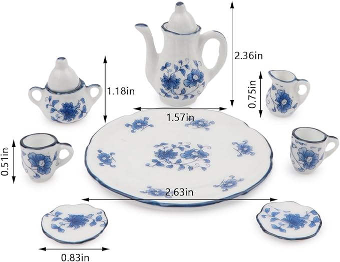 Dollhouse 1:6 Porcelain Tea Cup Sets 8 Pcs Set Miniature Ceramics Dollhouse Accessories Flower Pattern Teapot Platter Dish Sets Dollhouse Kitchen Supplies Decoration (Blue Flower)