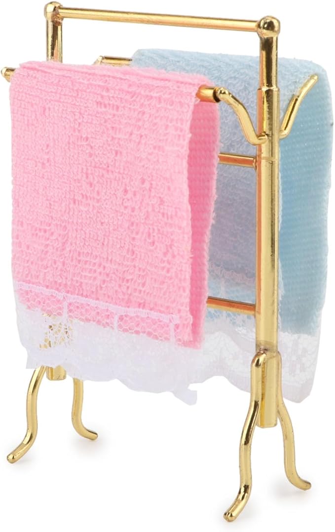 Dollhouse Towel Rack 1/12 Miniature 2PCS Towels & Rail Set for Dollhouse Bathroom Accessories