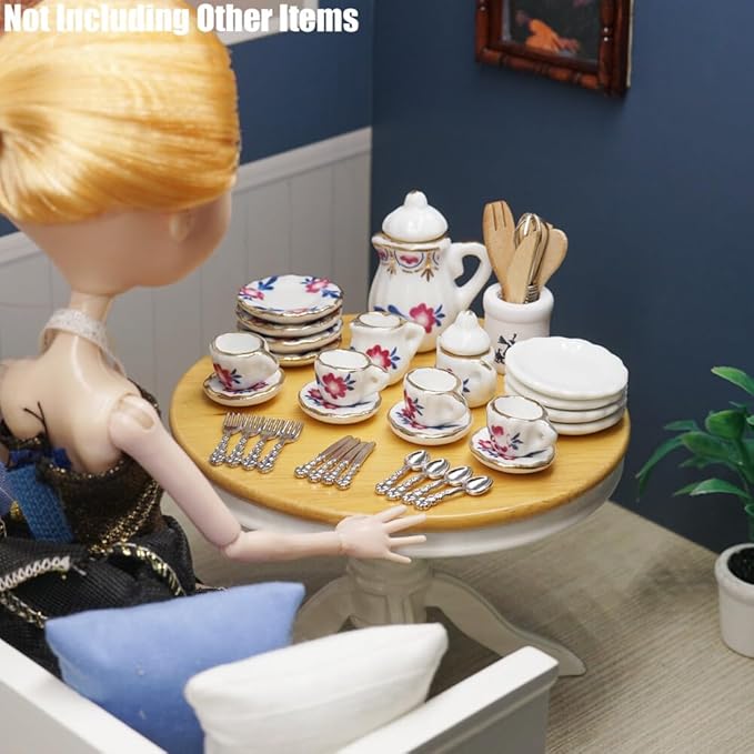 Odoria 1/12 Miniature Porcelain Tea Set Plates and Silverware Kitchen Utensils Dollhouse Accessories, Purple Blossom