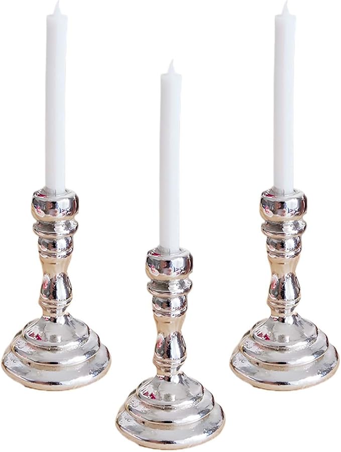 3-Piece Dollhouse Miniature Candle Holder Set, Vintage Style Simulation Candlesticks, 1/12 Scale Candles for Doll House Desk Ornament & Fairy Garden Decor （Silver