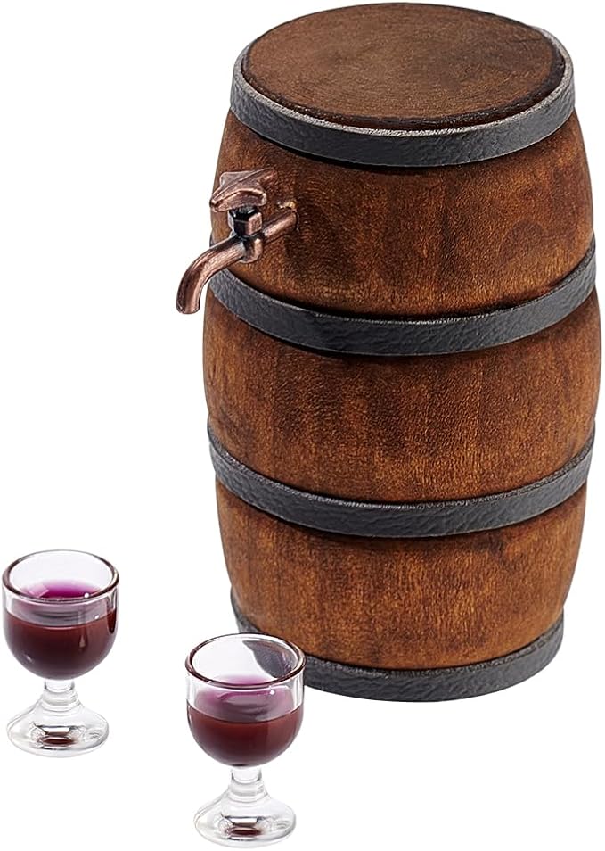 AHANDMAKER Miniature Wooden Beer Barrel Mini House Drink Accessories Figurine Wine Barrel Model with Faucet and Wine Glass Miniature Drink Bottles Pub Bar Accessories