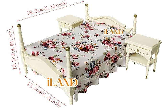 iLAND Wooden Dollhouse Furniture 1/12 Scale, Dollhouse Bedroom Furniture in Cream Color incl Dollhouse Bed & Dressing Table & Wardrobe (Elegant Miniature Furniture 6pcs)