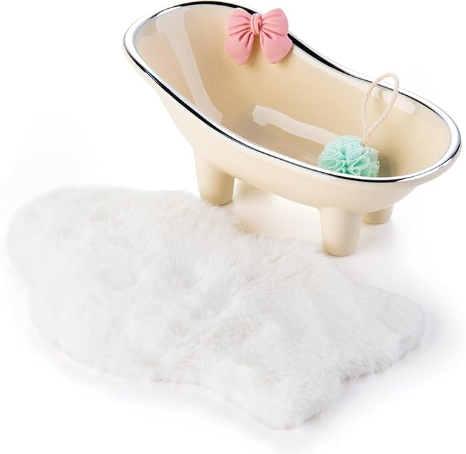 Minamzee Dollhouse Bathtub, 1:12 White Miniature Bathtub with Blue Bath Ball and Carpet, Dollhouse Bathroom Furniture for Home Decor Accessory (Beige)