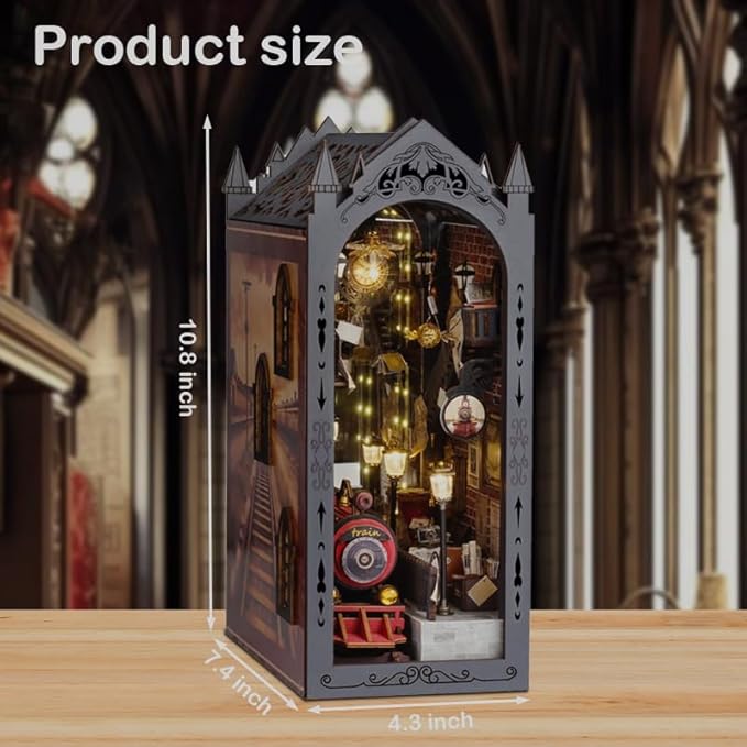 DIY Book Nook Kit, Miniature Dollhouse Booknook Kit with Light, Bookend Bookshelf Decor for Christmas Day, Best Gift for Family, Friends, Magic Train Station