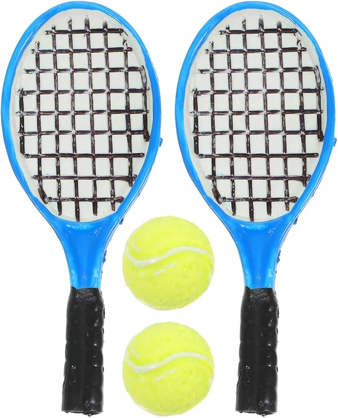 Garneck 4pcs Miniature Simulation Tennis Racket and Ball Models Mini Tennis Decorations Small Sport Accessories for Micro Landscape Fariy Garden DIY Decor (2pcs Rackets + 2pcs Balls)
