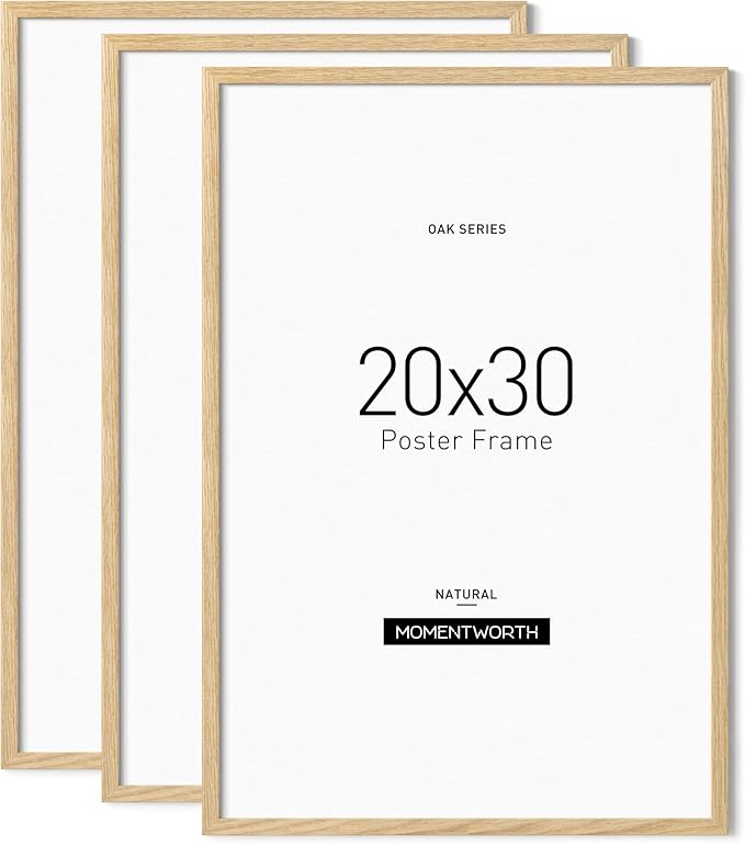Momentworth Minimalist 20x30 Frame Set of 3, Solid Oak Wood 20x30 Poster Frame for Wall Mount - Wall Decor for Home, Office & Galley (3 Pack,Oak)