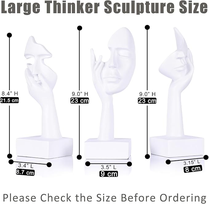 oliruim 3 Pcs Thinker Large Statue Set - White Art Abstract Home Accent Figurines for Living Room, Bedroom, Shelves, Office Desktop, Coffee Table Decor, Gift for Women (3 Pcs White, 9")