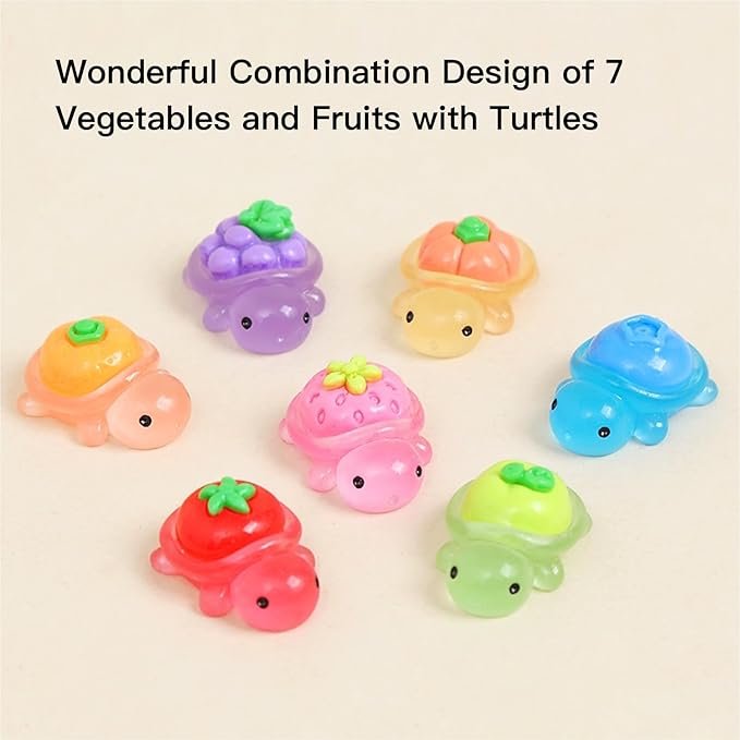 50Pcs Mini Animals Figures to Hide Small Resin Turtles Figurines Tiny Glow in The Dark Miniature Plastic Sea Animals, Fruit, Vegetable, and Turtle Combinations in Novel Designs (7 Styles Mix)