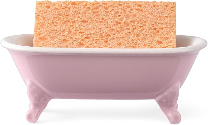 NEWHENGS 6.5" Ceramic Mini Decorative Clawfoot Bathtub Bar Soap Dish, Kitchen Sponge Holder and Shower Tray for Bathroom, 1 Pack (Pink)