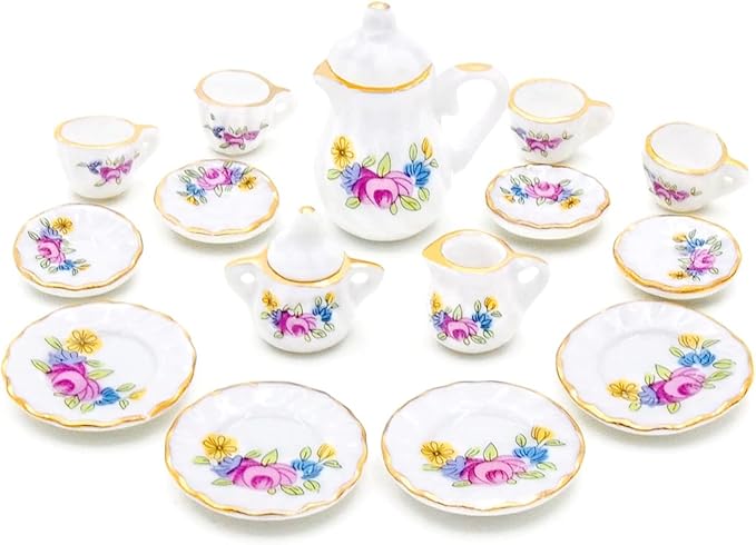 Odoria 1/12 Miniature Porcelain Tea Set 15Pcs Dollhouse Decoration Accessories, Pink Blossom
