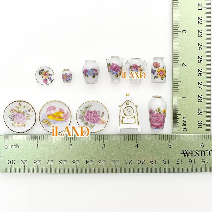 iLAND Miniature Dollhouse Accessories for Dollhouse Furniture, Mini Porcelain Vases and Decorative Plates w/a Desk Clock (Elegant Rose 11pcs)