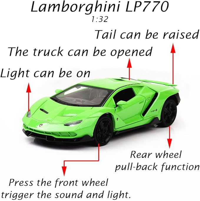 Alloy Collectible Green Lambo Toy Cars Model Pull Back Vehicles Diecast with Light & Sound