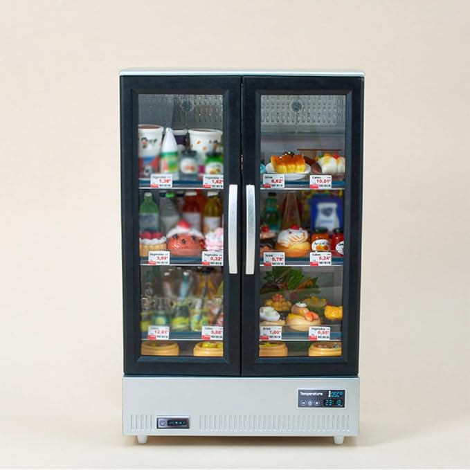 1/20 Scale Mini Food-Play Realistic Double-Door Fridge Model, Miniature Kitchen Supermarket Props, Pretend-Play Fridge Set (Dark Grey Refrigerator + 60 Random Items + Shopping Cart/Light-Up