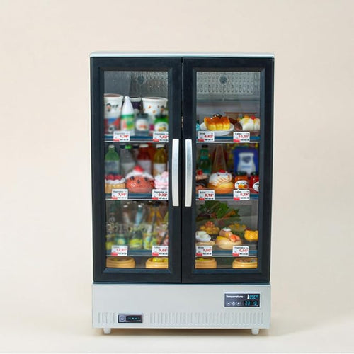 1/20 Scale Mini Food-Play Realistic Double-Door Fridge Model, Miniature Kitchen Supermarket Props, Pretend-Play Fridge Set (Dark Grey Refrigerator + 60 Random Items + Shopping Cart/Light-Up