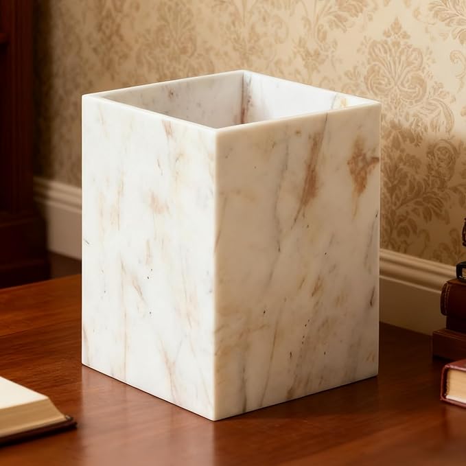 Elegant White Gold Marble Wastebasket Trash Can, 7" X 7" X 9" Rectangular Trash Can with Natural Veining, Marble Basket for Bathroom, Bedroom, Powder Room
