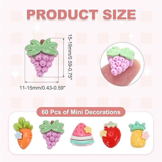 Mini Cute Fruit Decor, Miniature Doll Food Crafts for Dollhouse & Landscape & Mini Kitchen & Micro Fairy Garden & DIY Craft Decorations(Red, Purple, Yellow, Pink, 60pcs)
