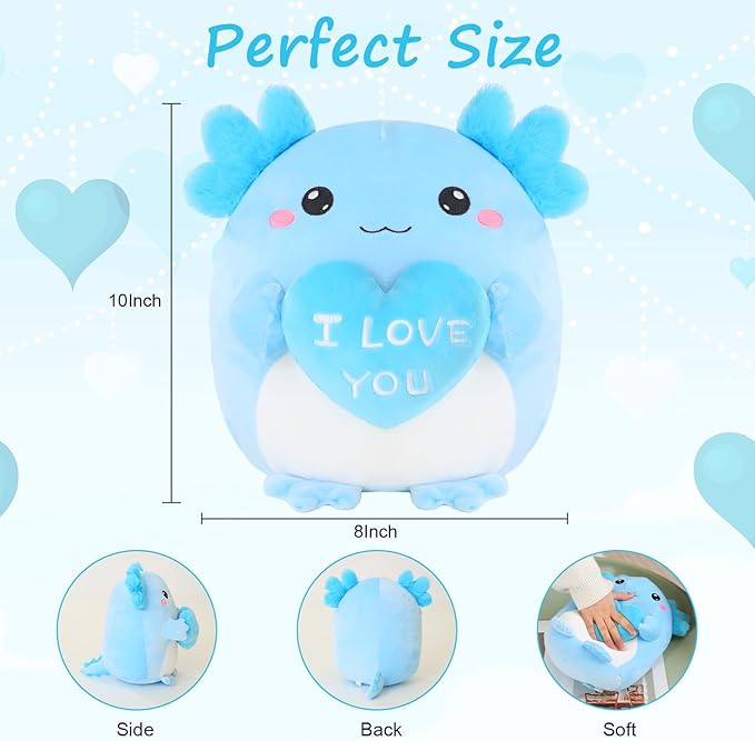 Axolotl Stuffed Animal, Loving Axolotl Plush Toys with Holding Heart I Love You for Valentine's Day, Sweet Romantic Anniversary Birthday Gift for Girlfriend/Boyfriend(Blue,10 inch)