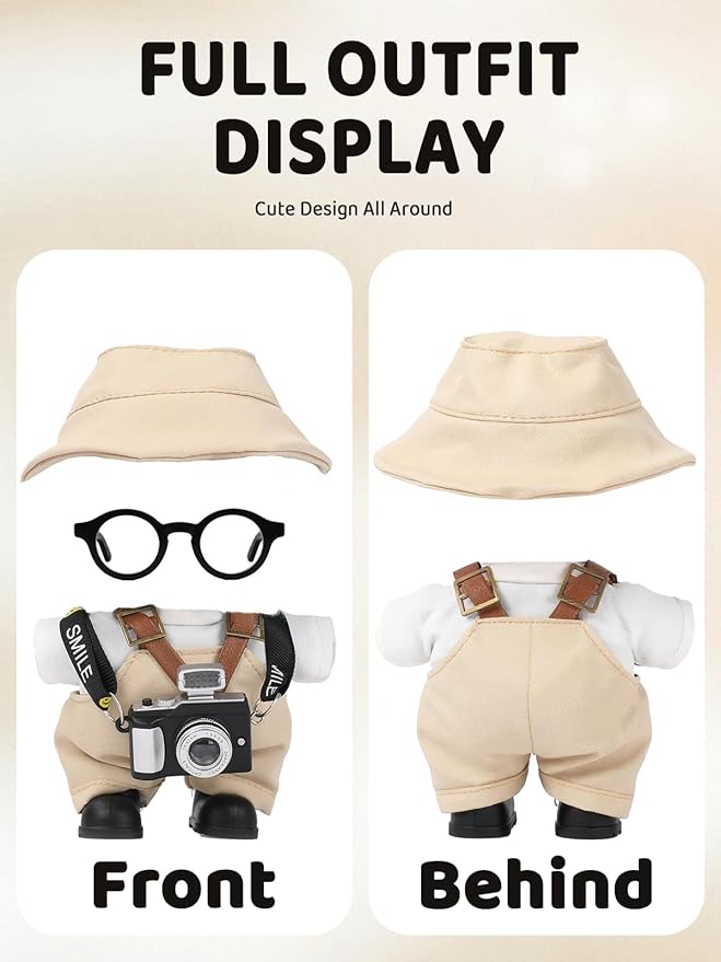 17cm Doll Clothes Set, Hat & Overalls & Shirt & Shoes & Glasses & Camera Set for 17cm Accessories Suit, Stylish Dolls Clothes Accessories, Cute Clothes for Dress up Unique Style (Beige)