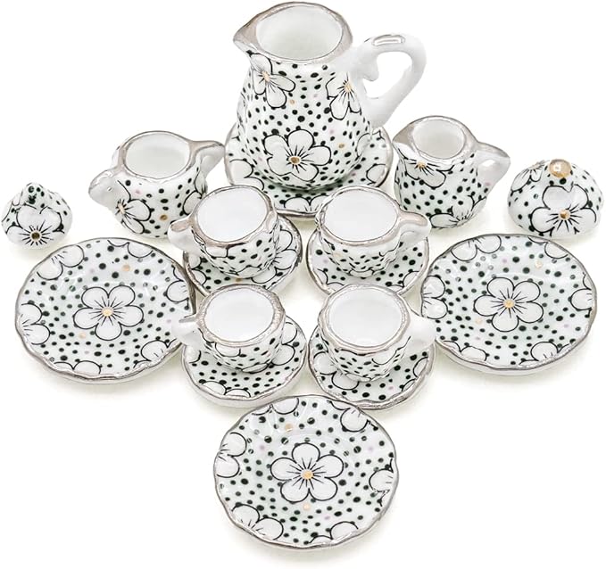 Odoria 1/12 Miniature Porcelain Tea Set 15Pcs Dollhouse Decoration Accessories, Plum Blossom