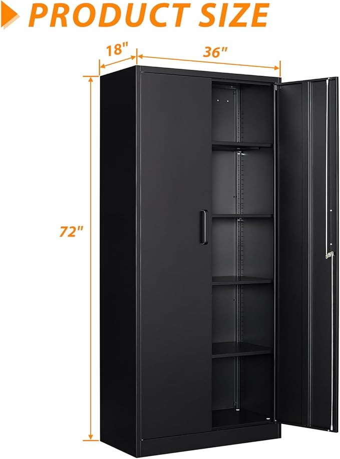 72" Tall Metal Storage Locking Cabinet With 2 Doors and 4 Adjustable Shelves for Home, School, Gym, Garage Storage