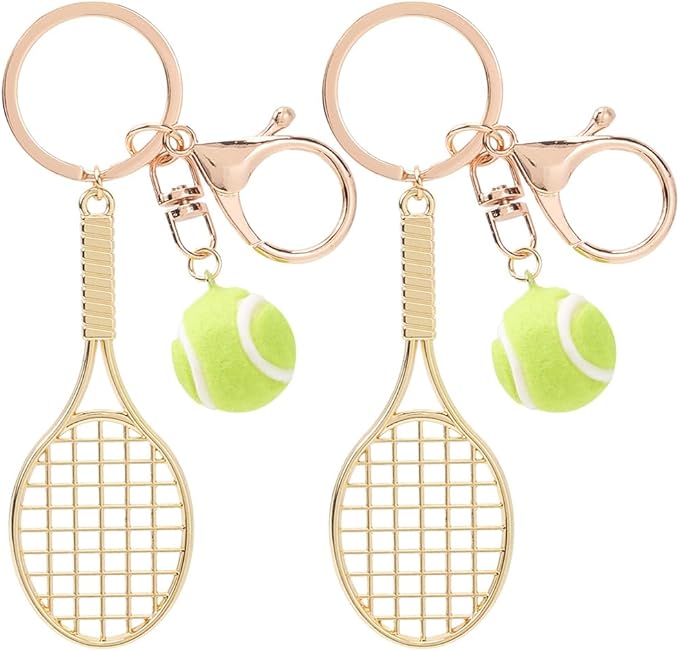 SOFPLATE 1 Box 2Pcs Tennis Charm Keychain Sport Ball Key Chains Gold Alloy Small Racket Metal Hanging Pendant Keyrings Bag Charms for Purse Handbags Men Car Keys Accessories Party Favor Decoration