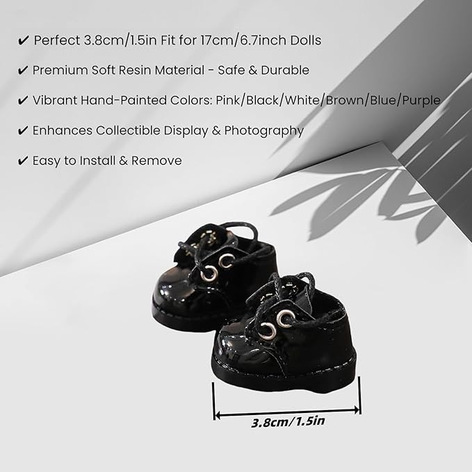 Doll Shoes for Lu bubu 17cm Dolls(No Doll) , Mini Shoes Accessories, Cute PU Leather Shoes Suitable for 17cm Doll, Dress Up Doll Shoes Replacement Black