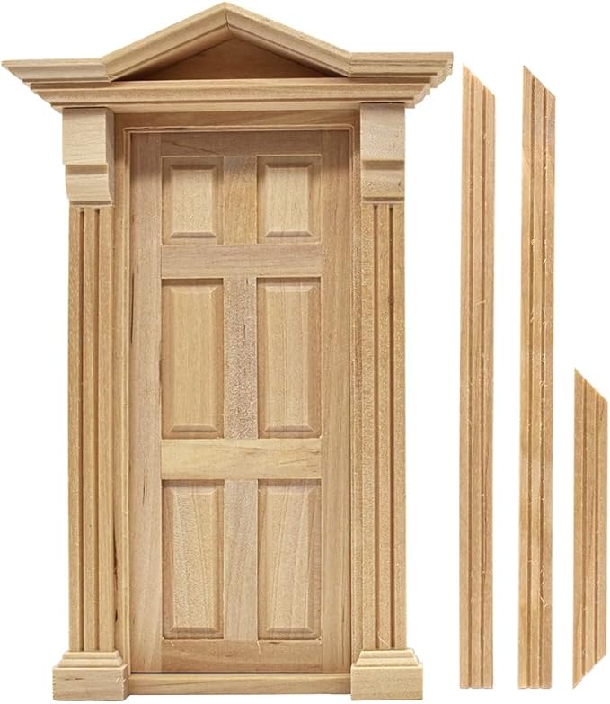iLAND Classic Wooden Dollhouse Door of 1/12 Scale Accessories, Dollhouse Building Supplies Set of Miniature Door with Trim, Handle & Knocker, Colorable and Realistic for Modern and Antique Doll House