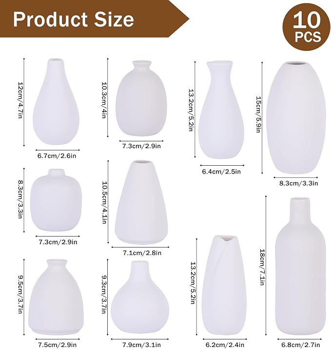 Paintable Vase Set of 10 White Small Bud Vases for Flowers, Clay Vase Bulk for Wedding Decorations Pampas Grass Centerpieces, Boho Mini Ceramic Vases for DIY Painting Home Dining Table Decor