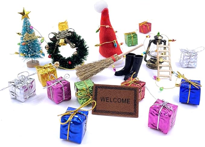 HKLMRO 22Pcs Doll House Christmas Decoration Fake Light String Hat Wreath Mini Tree Gift Boxes Dollhouse 1:12 Toyhouse Miniature Model Pretend DIY Fairy Figurines Garden Hanging Ornaments Party