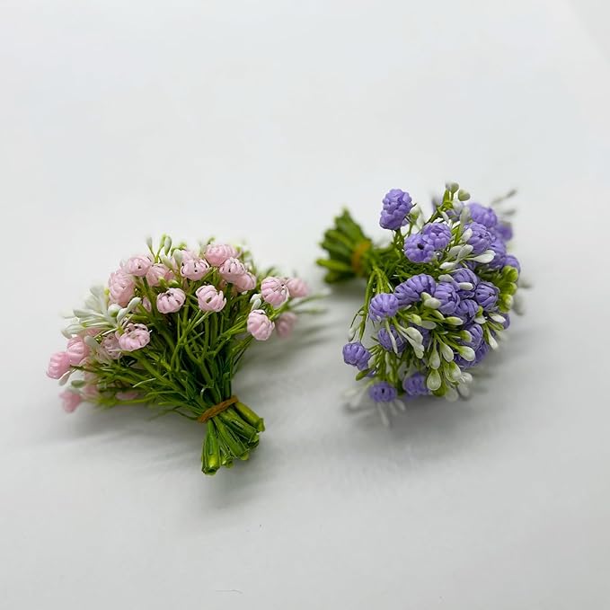 2 Pcs Mini Gypsophila Flowers, Fake Wild Flowers, Miniature Grass Flower Tufts, Miniature Plants for Fairy Garden Mini House Micro Landscape Decoration (Pink, Purple)