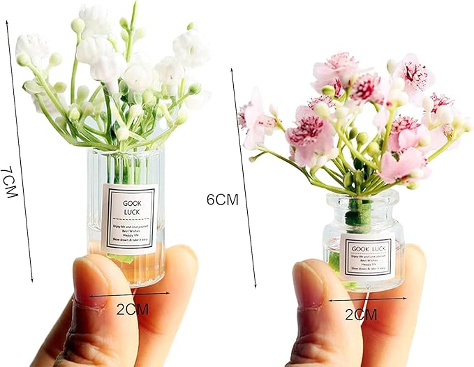 Miniature Flower in Vase Dollhouse Mini Jasmine Flowers Handmade Easily Matched Dollhouse Flower Vase Set Model Decor for 1:6 or1:8 Scale Micro Landscape Dollhouse Accessories (Pink)