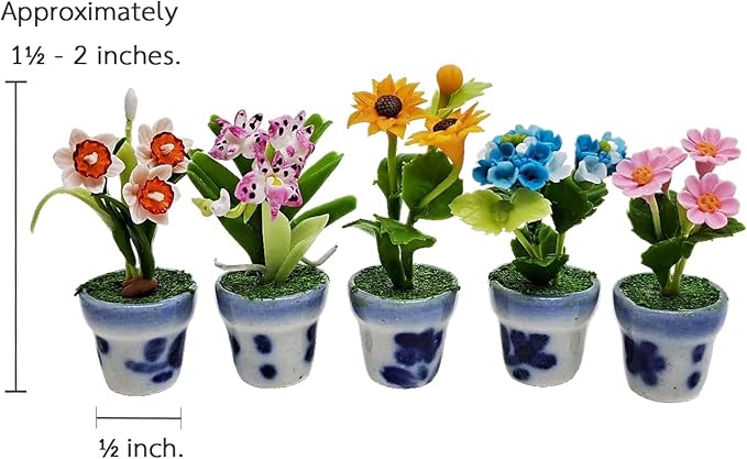WitnyStore Tiny 1½" High 5 Pieces Set Mix Sunflower Orchid Hydrangea Zinnia - Hand Made Artificial Flowers Colorful Miniature Realistic Clay Flower Plant Pots Blooming House Plants Indoor Decoration