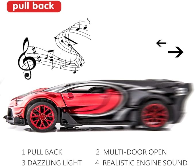 BDTCTK Bugatti Vision GT Supercar 1/32 Zinc Alloy Die Casting Pull Back Car Model Toy Sound and Light for Boy Girl Gift （red）