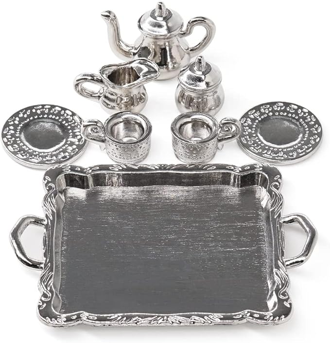 Odoria 1/12 Miniature Tea Set 8Pcs Dollhouse Decoration Accessories, Silver
