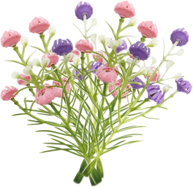 2 Pcs Mini Gypsophila Flowers, Fake Wild Flowers, Miniature Grass Flower Tufts, Miniature Plants for Fairy Garden Mini House Micro Landscape Decoration (Pink, Purple)