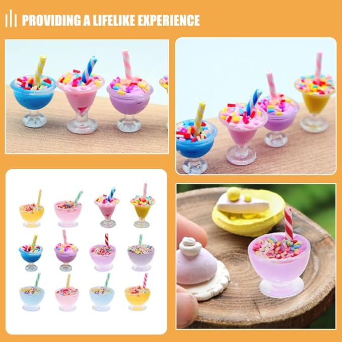 12Pcs Mini Ice Cream Cup Model Realistic Resin Miniature Dessert Decoration for Dollhouse Playhouse Lifelike Simulation Ice Cream Figurines for Creative Play