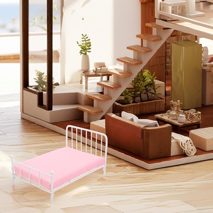 Totority Miniature Dollhouse Bed with Mattress 1/12 Scale Vintage Frame Small Doll Bed Furniture for Bedroom Decor Creative Play Accessories