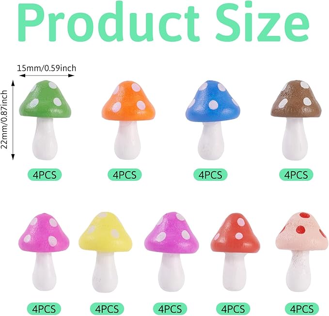 36 Pcs Wooden Mushrooms Figurines Tiny Wood Mushroom Miniature Colorful Mushroom Dollhouse Ornaments for Landscape Fairy Garden Plant DIY Table Office Desk Home Party Decor