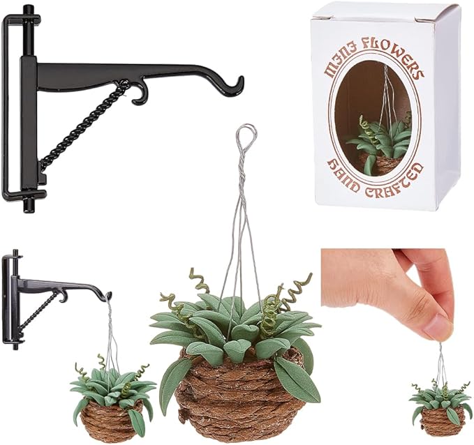 arricraft 2 Sets Miniature Dollhouse Hanging Bonsai Plant, 1:12 Mini Flowerpot Succulent Doll House Decor with Alloy Hook Hanger Model for Play House Accessories Decor